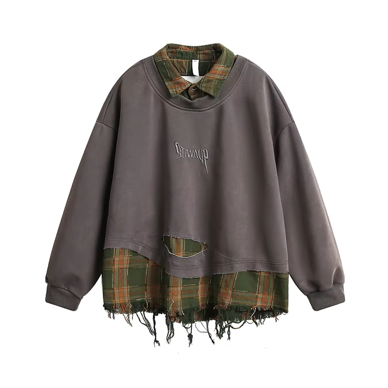 Plaid Letter Embroidery Patchwork Oversize Sweatshirt