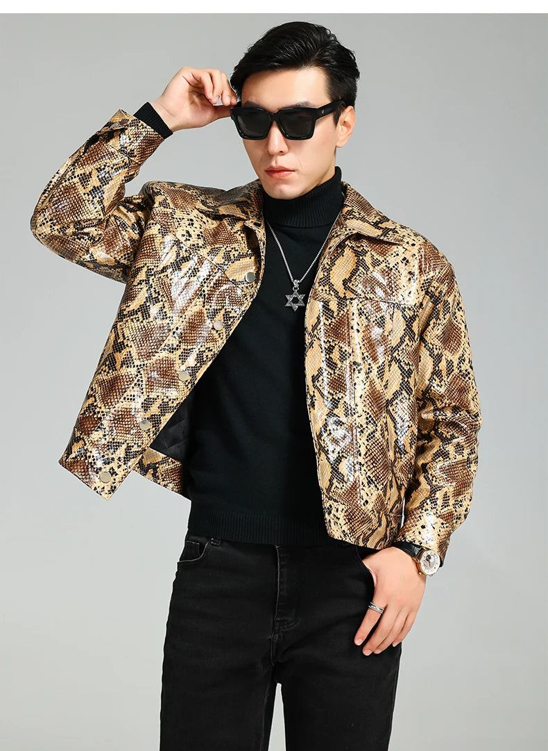 Brown Snakeskin Print PU Leather Jacket