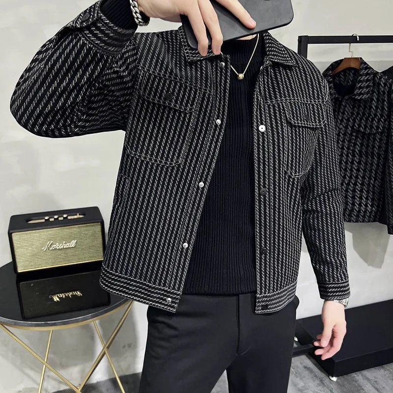 Black Geometric Striped Men's Jacket