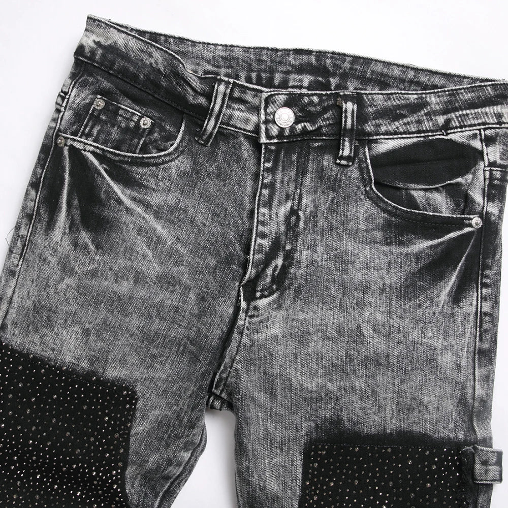 Gray Black Rhinestones Patchwork Jeans