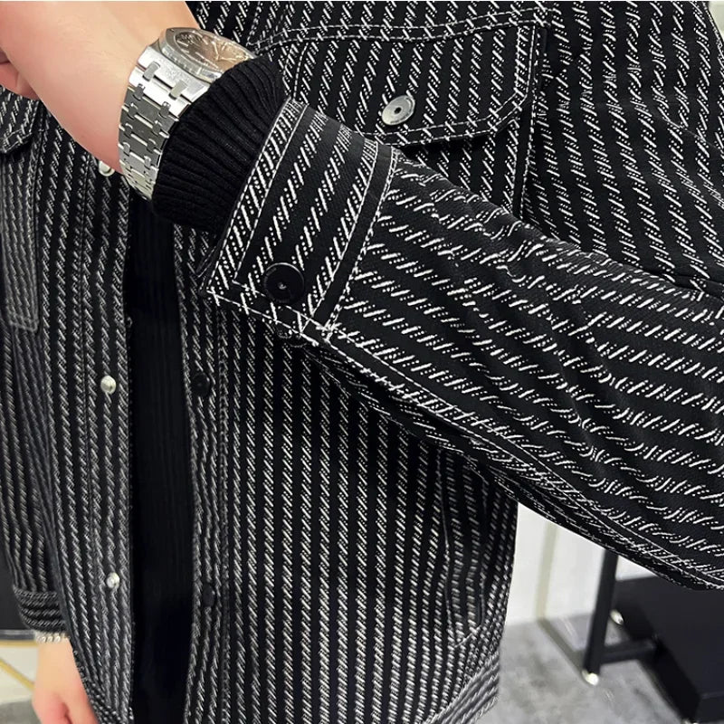 Black Geometric Striped Men's Jacket