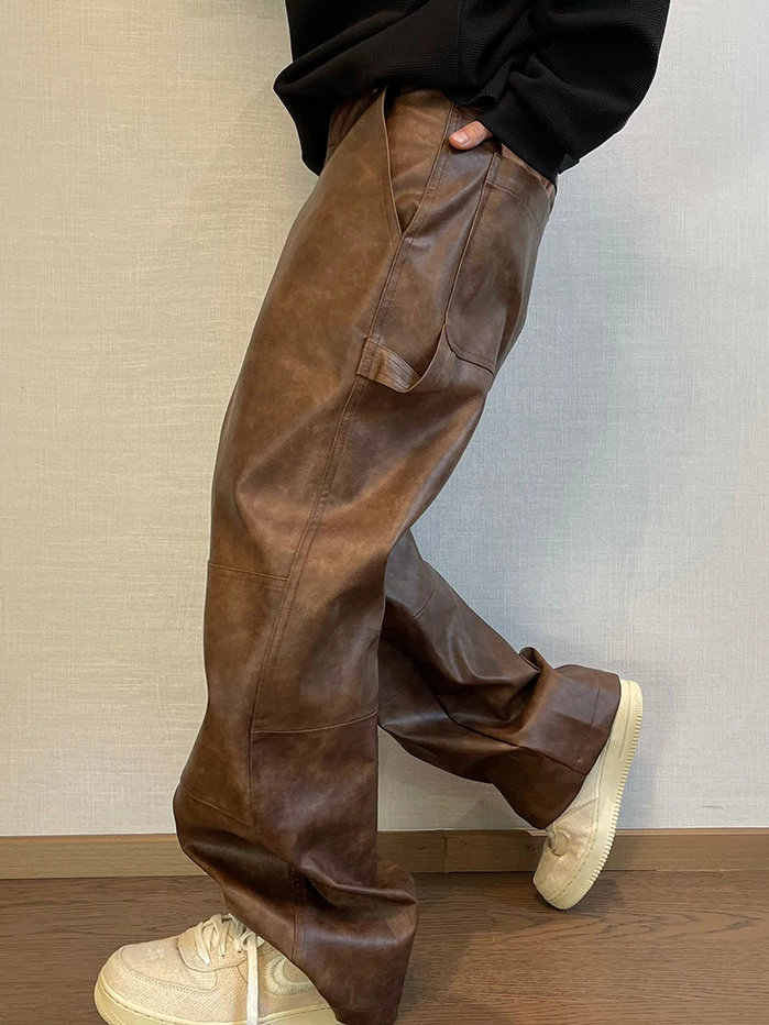 Retro Distressed Washed Brown Leather Pants