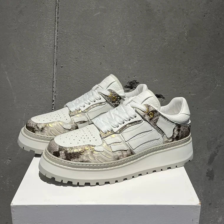 White Patchwork Genuine Leather Casual Sneakers