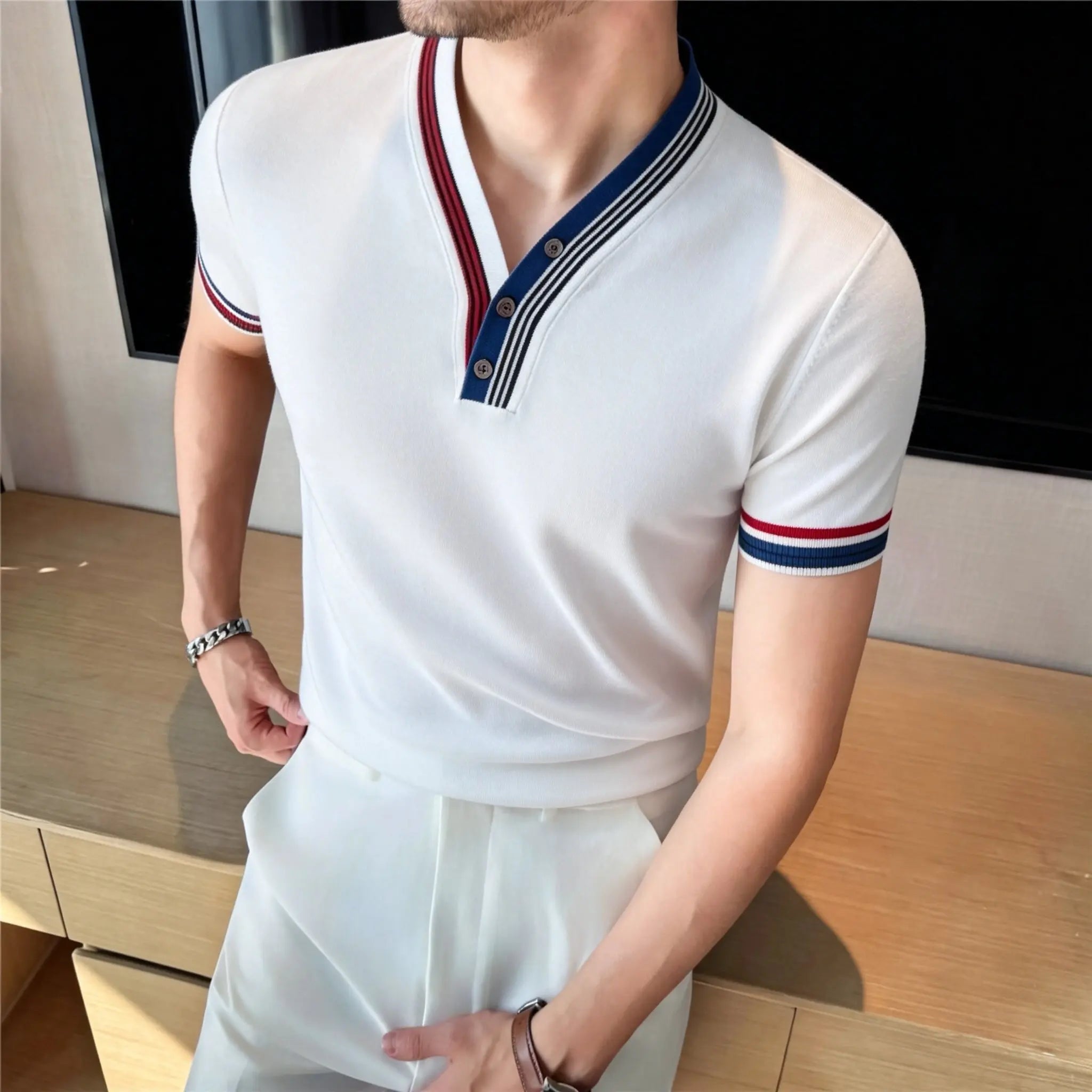 Knitted Striped V-Neck T-Shirt