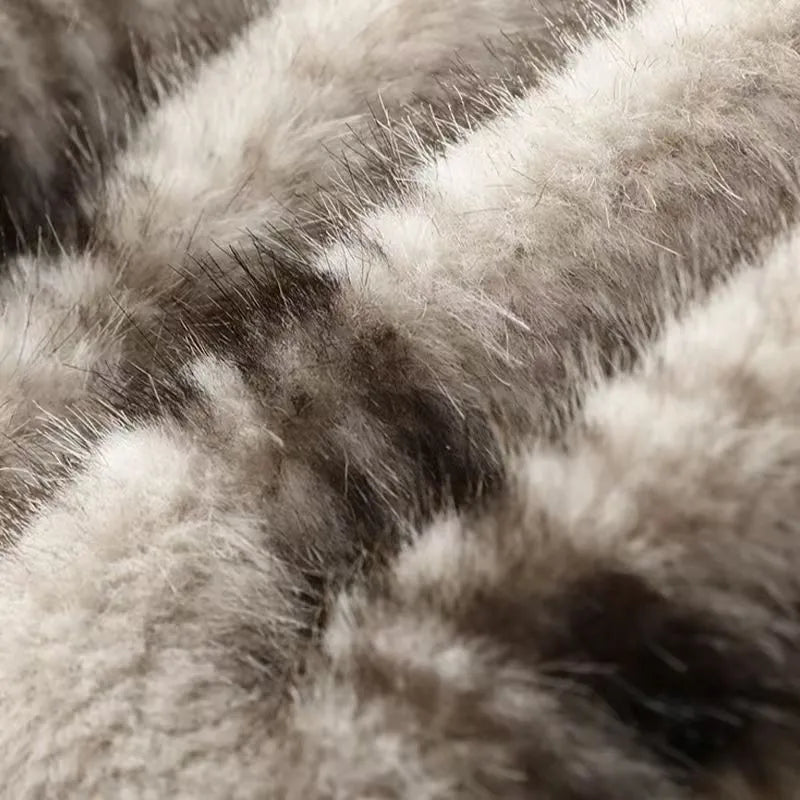 Fluffy Stripe Turn-down Collar Jacket