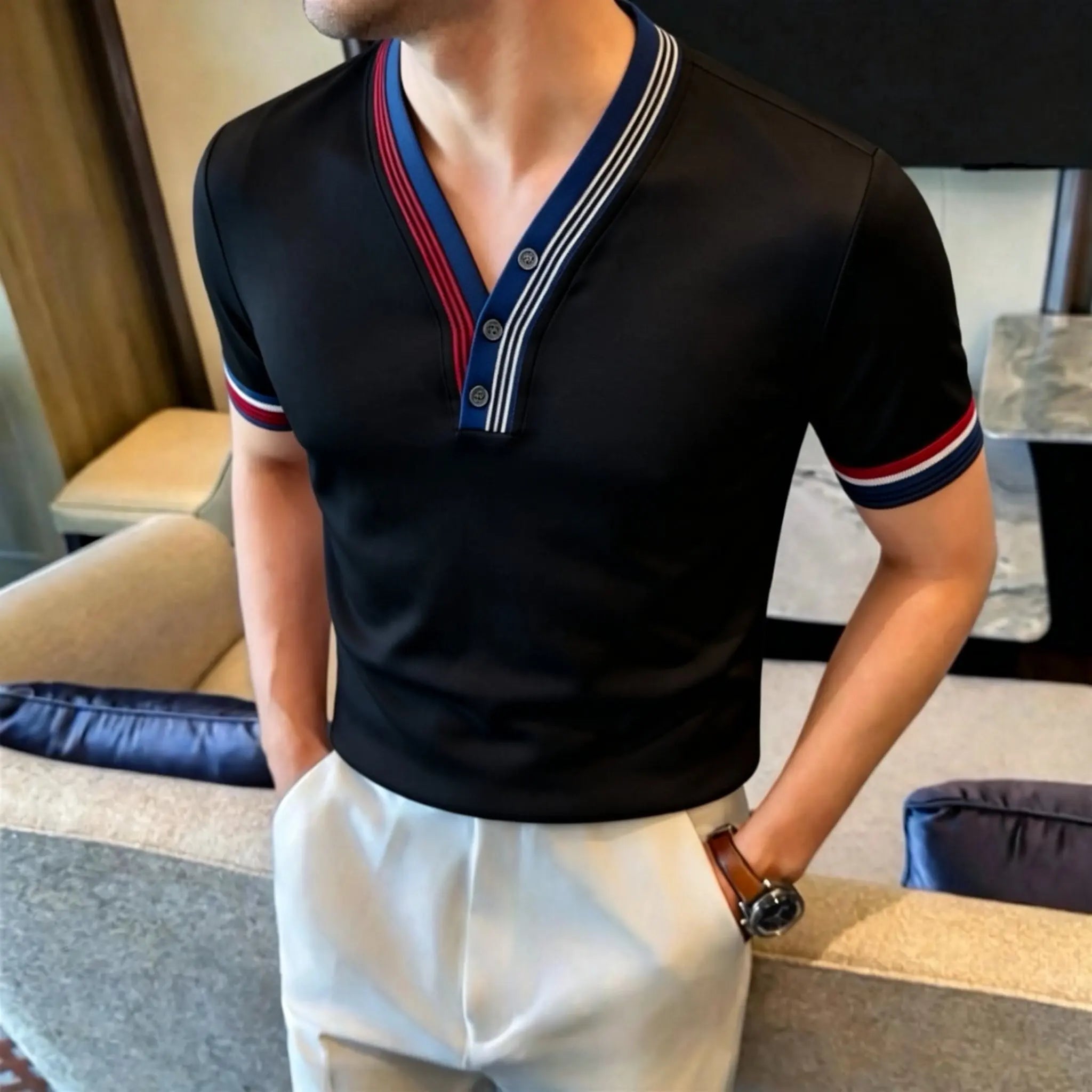 Knitted Striped V-Neck T-Shirt