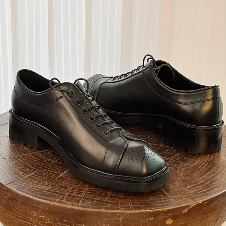 Square Toe Solid Black Leather Shoes