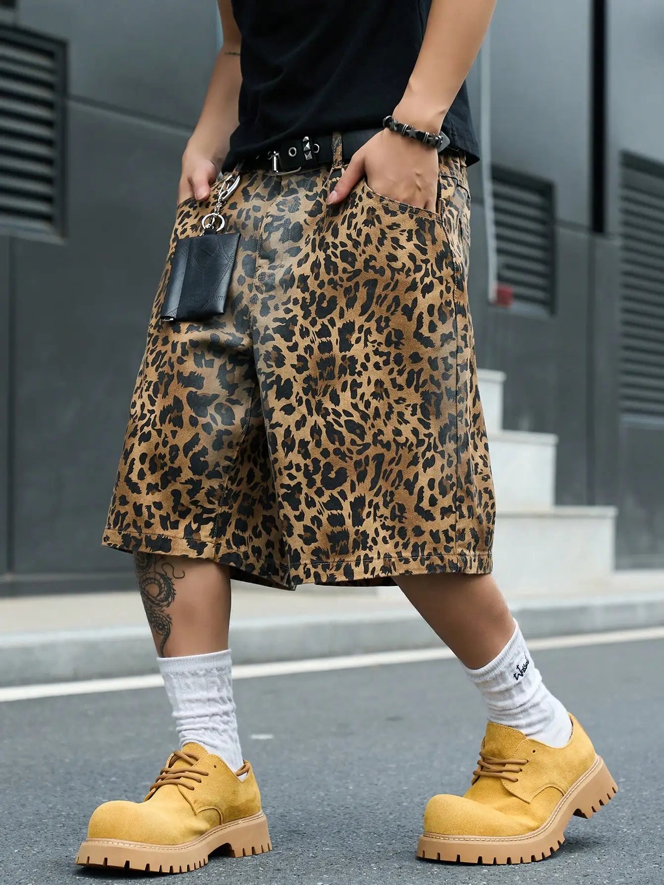 Leopard Print Baggy Denim Shorts