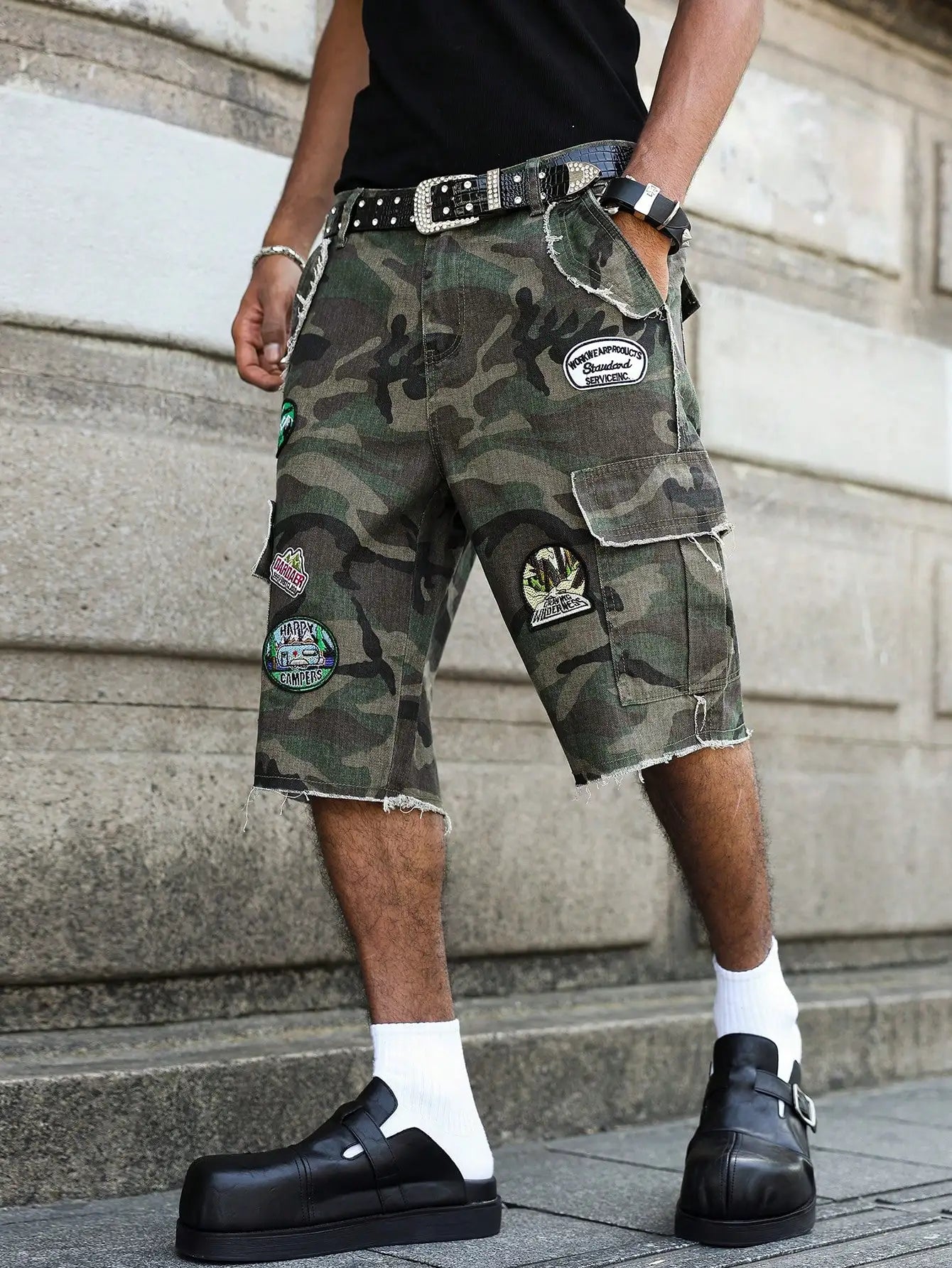Camouflage Patchwork Denim Shorts