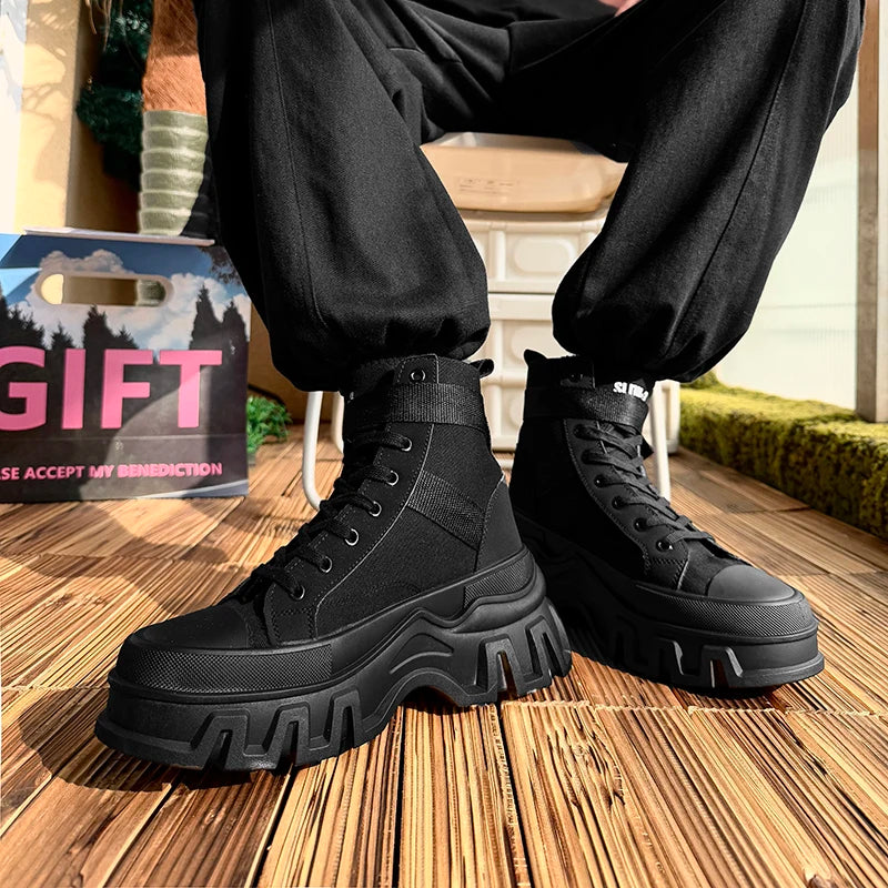 Platform Black Fabric Mid-Calf Boots