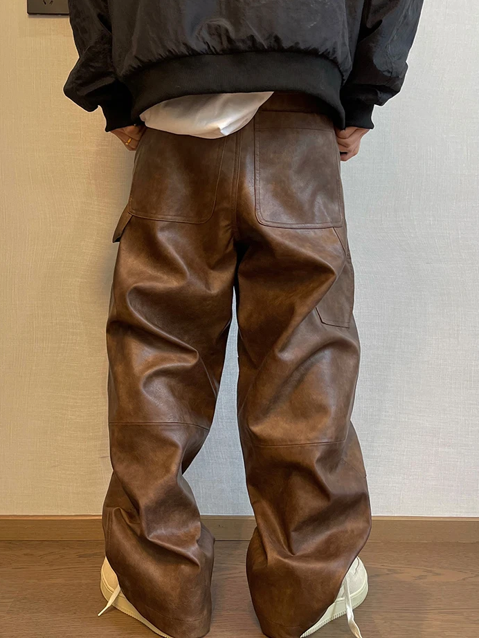 Retro Distressed Washed Brown Leather Pants