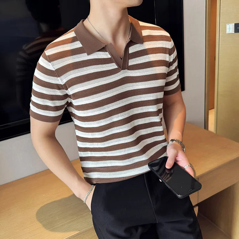 Striped V-Cut Short Sleeve Polo Shirt