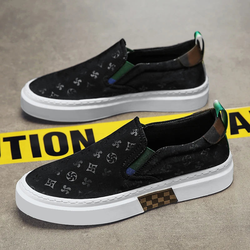 Black Geometric Pattern Slip-On Sneakers
