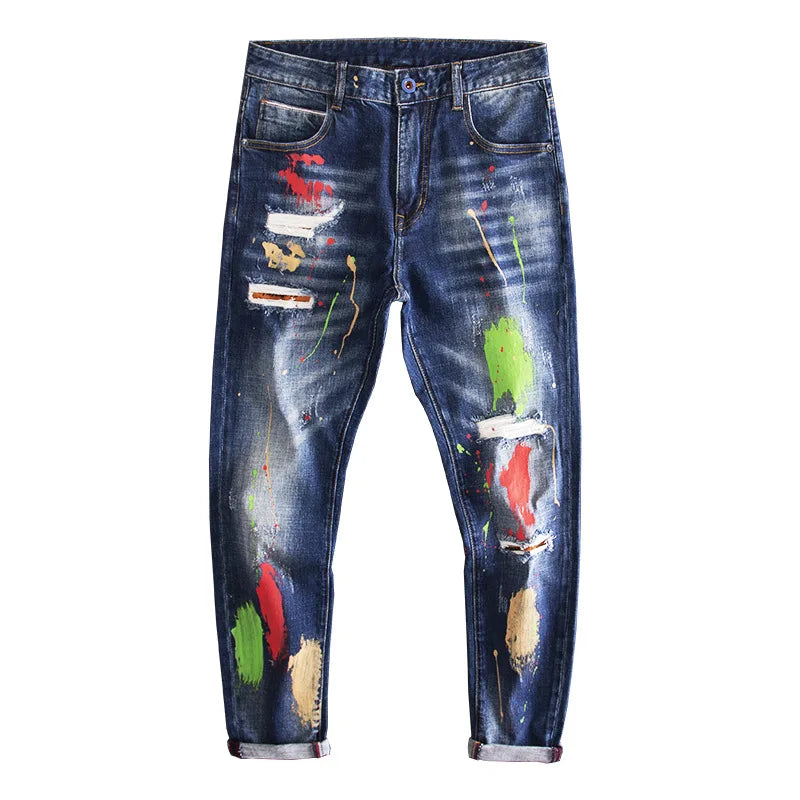 Spray Paint Printed Graffiti Ripped Jeans
