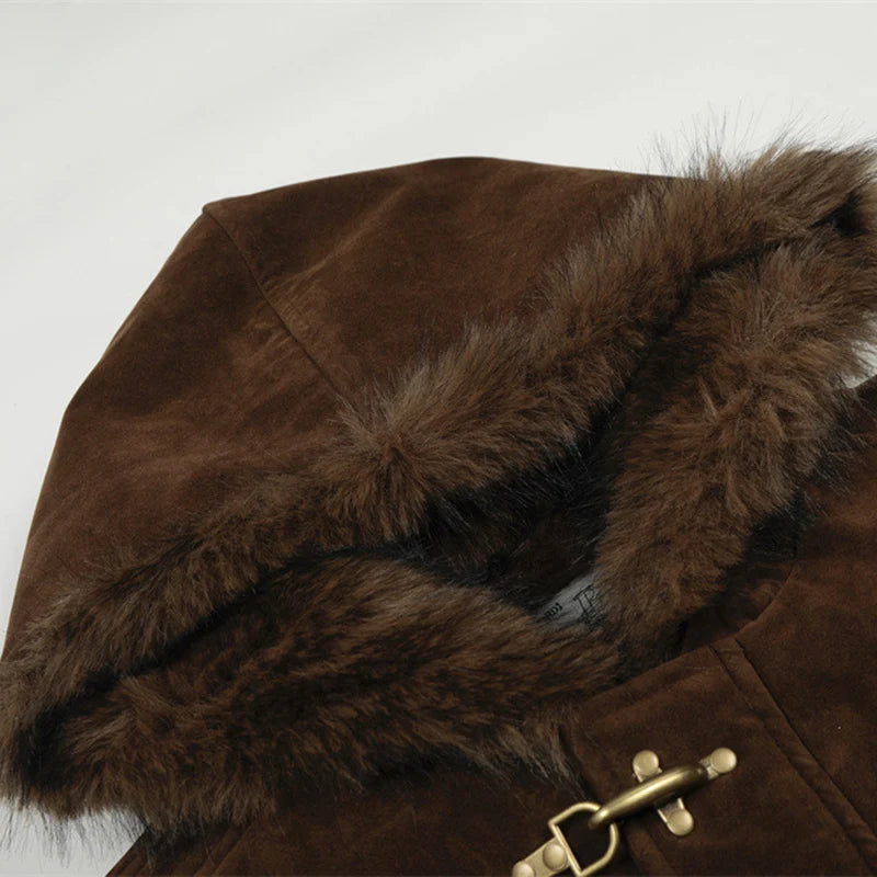 Metal Buckle Faux Fur Hooded Jacket