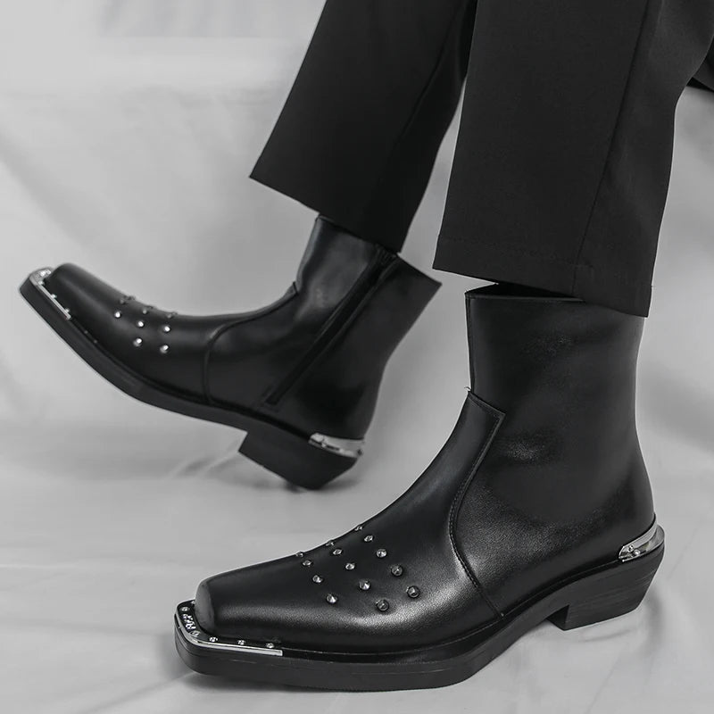 Patchwork Rivet PU Square Tip Boots