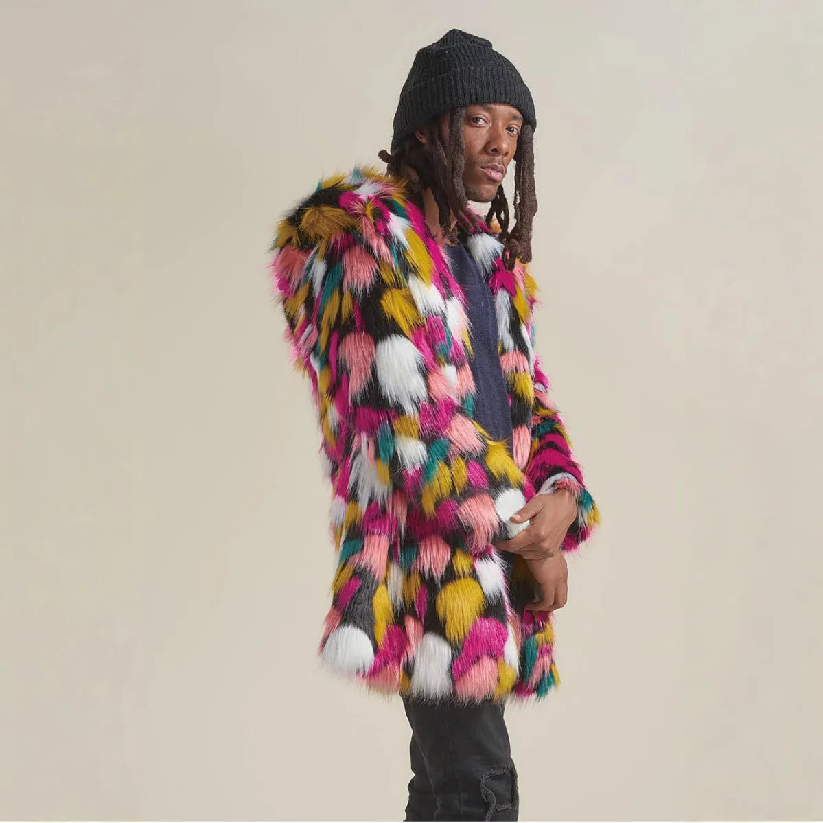 Colorful Faux Fur Patchwork Hooded Coat