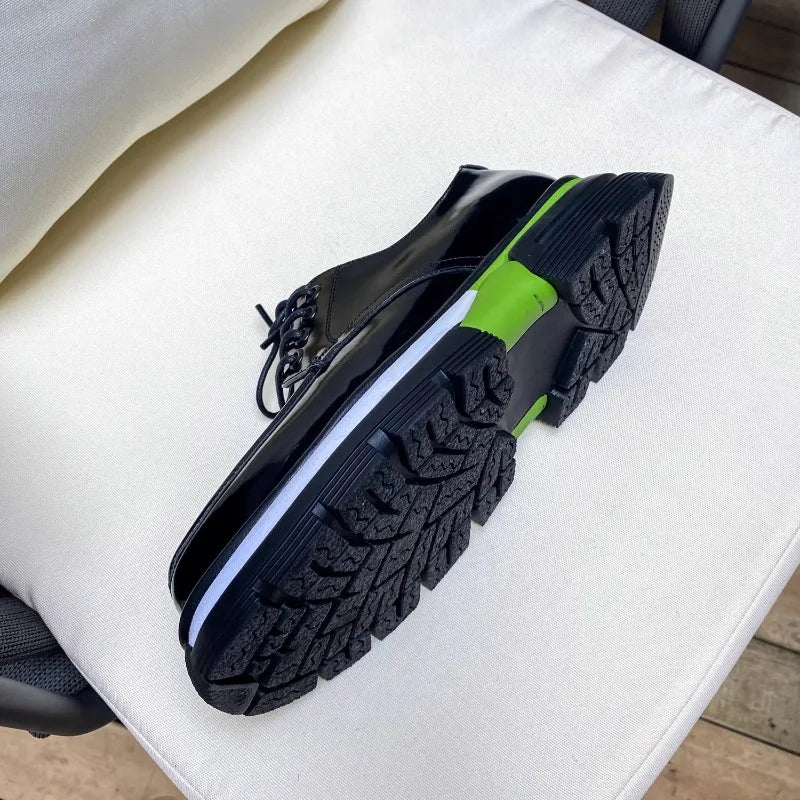 Black Green Thick Sole Leather Sneakers