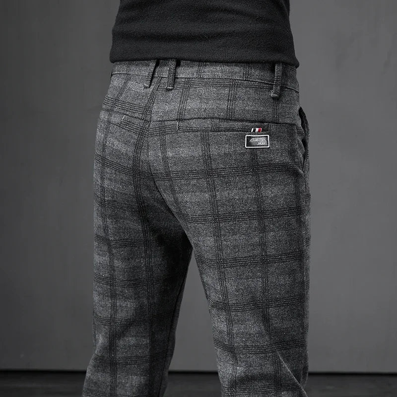 Dark Plaid Casual Slim Fit Trousers
