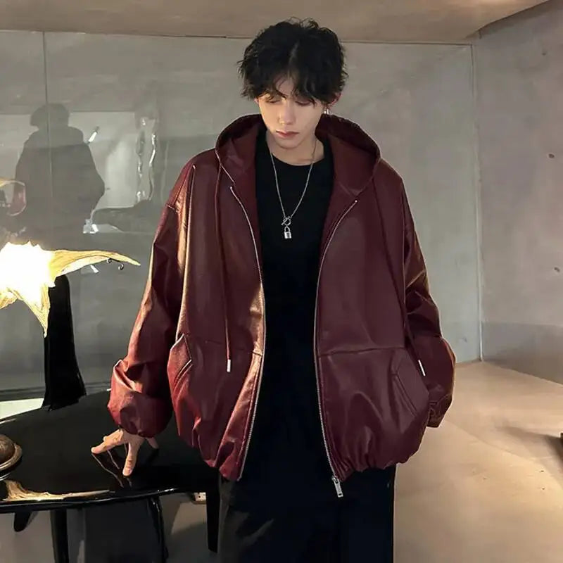 PU Leather Hooded Drawstring Jacket