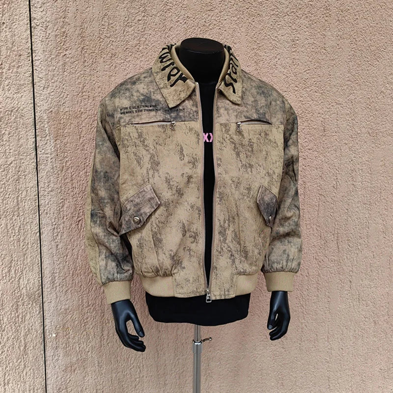 Distressed Graphic Collar Bomber Jacket