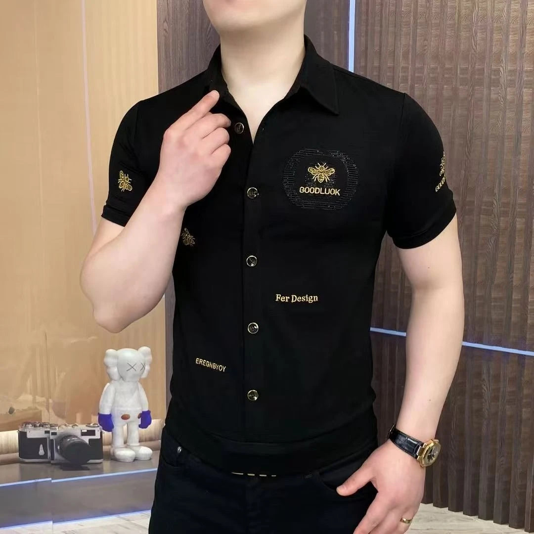 Rhinestone Letter Embroidery Short-Sleeve Shirt