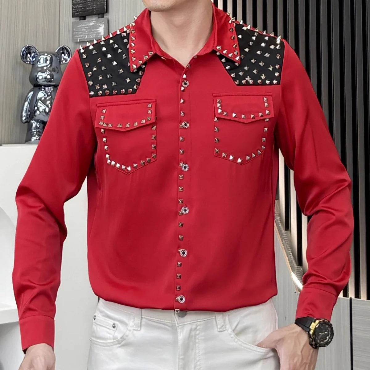 Men‘s Punk Rivets Long-Sleeved Shirt