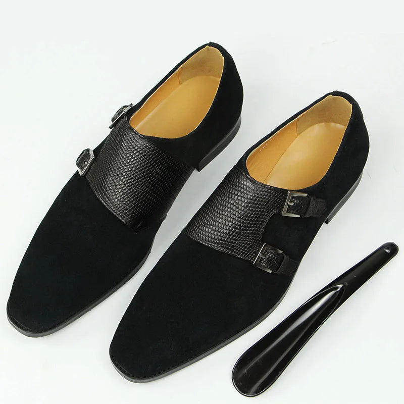 Black Suede Leather Monk Shoes