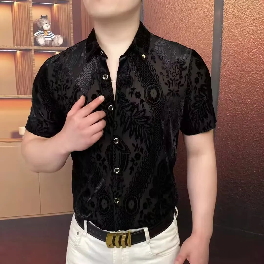 Velvet Jacquard Mesh Short-Sleeved Shirt