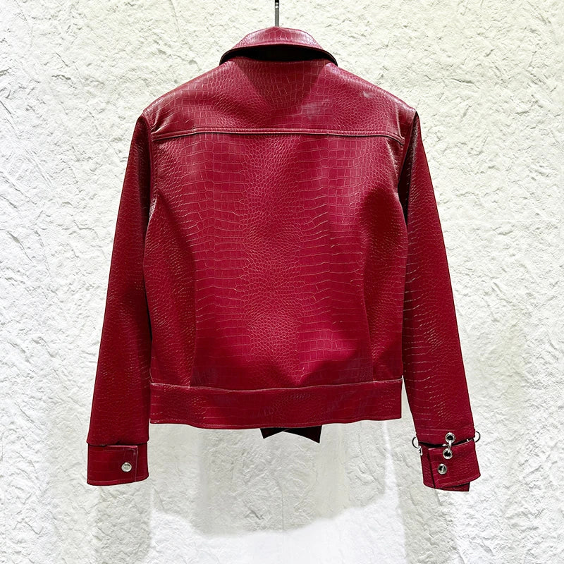 Metal Splicing Crocodile Leather Jacket