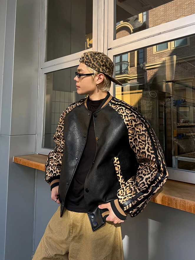 Leopard Patchwork Leather Bomber Jacket