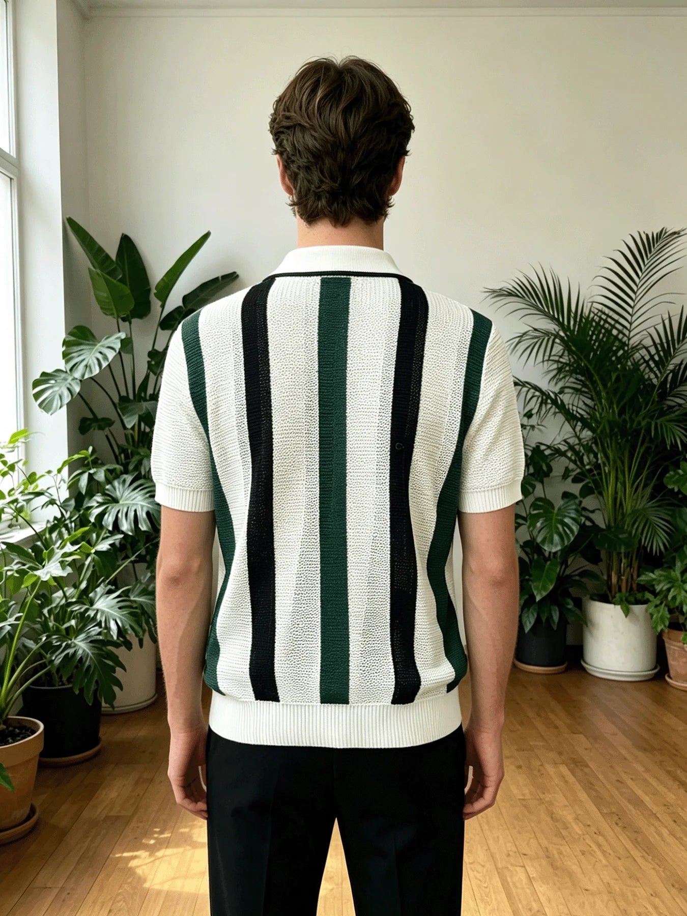 Vertical Stripe Knitted Polo Shirt