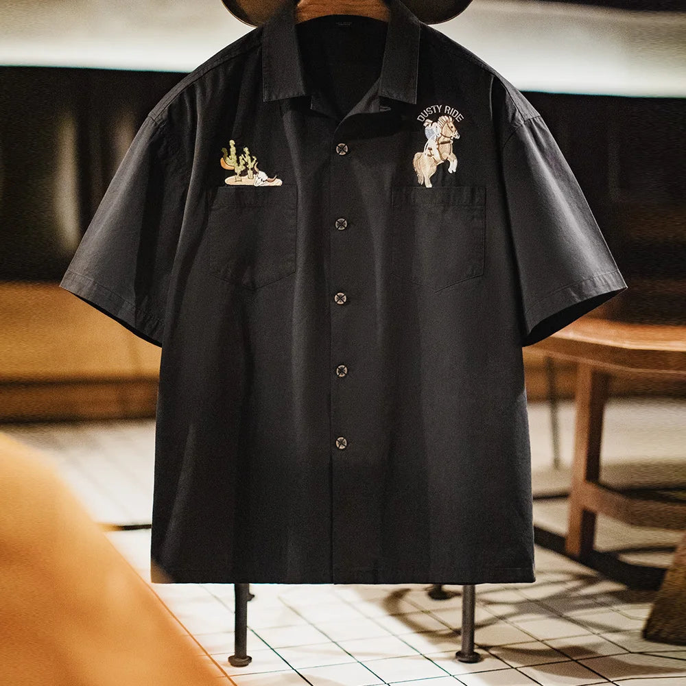 Single-Breasted Embroidered Black Cotton Shirt