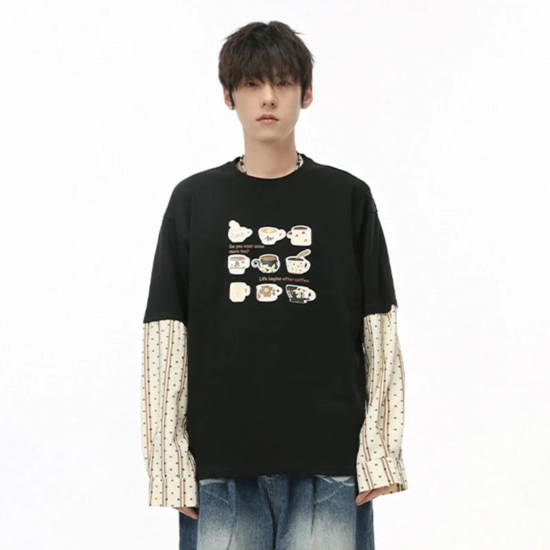 Cartoon Printing Patchwork Long Sleeve T-Shirt