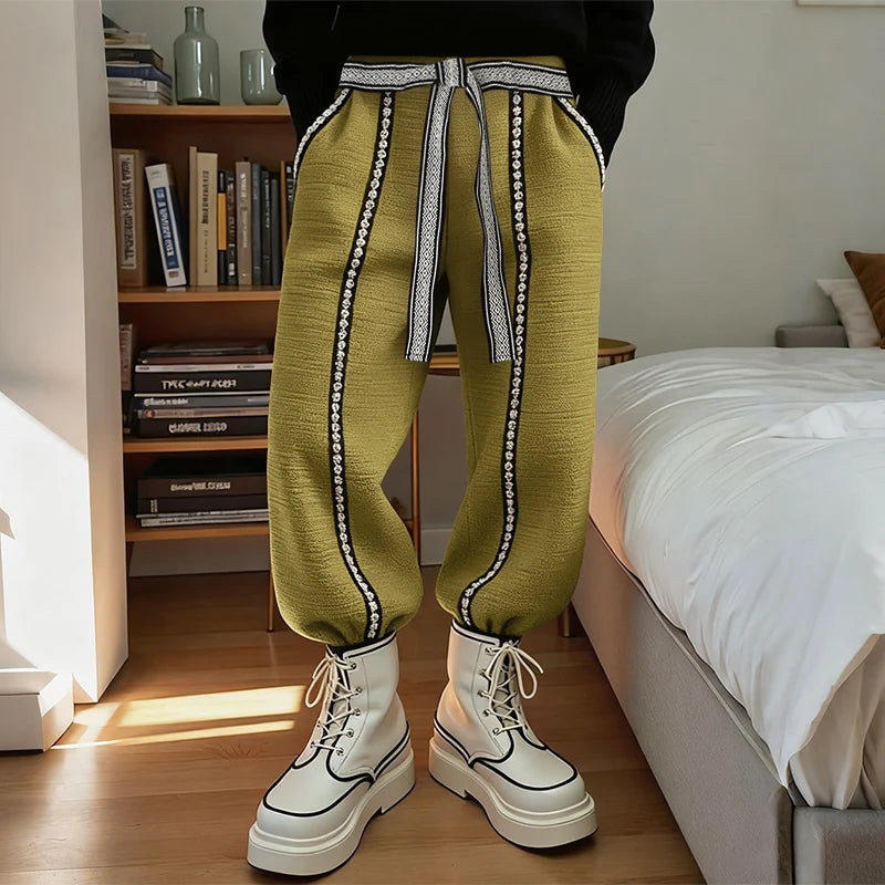 Patchwork Lace Up Casual Joggers Pants