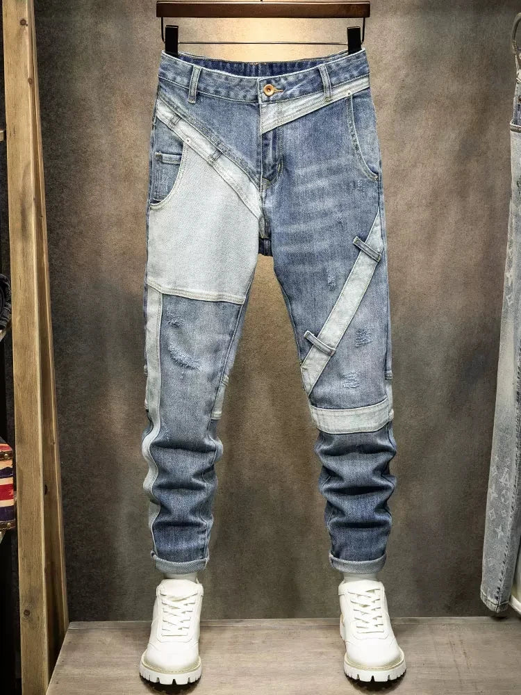Patchwork Utility Strap Denim Jeans