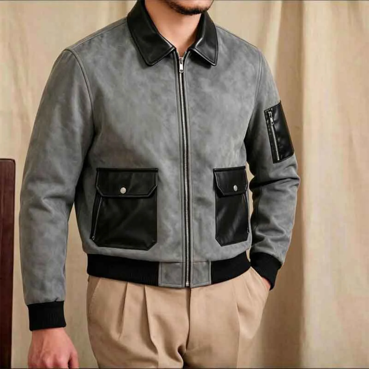 Leather Rib Collar Patchwork Bomber Jacket