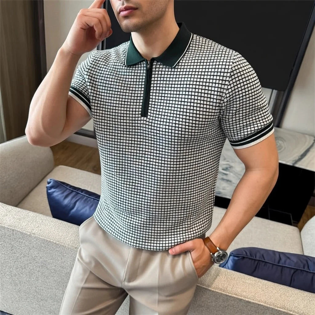 Knitted Checkered Zipper Polo Shirt