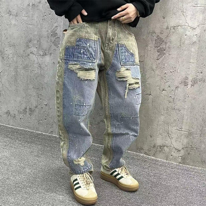 Stonewashed Casual Patchwork Cargo Jeans