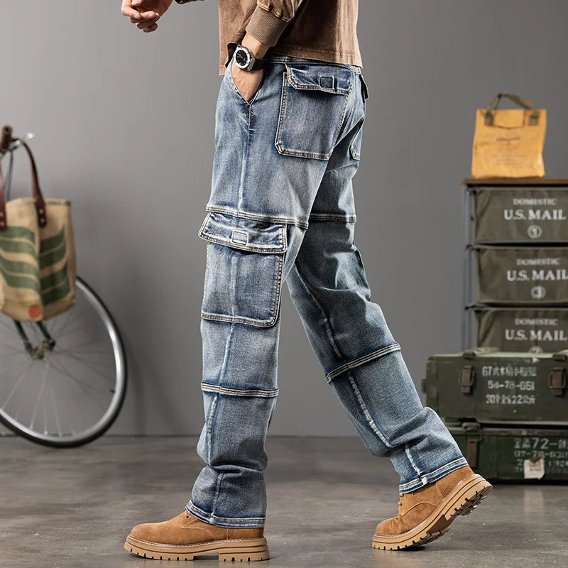 Multi-Pocket Patch Line Straight Jeans
