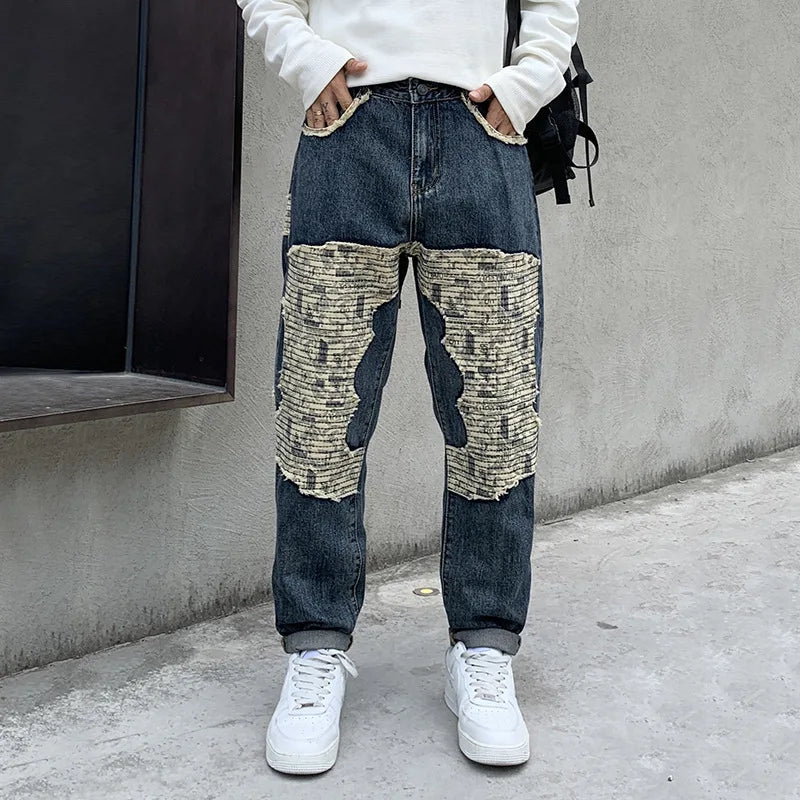 Industrial Retro Blue Patchwork Jeans