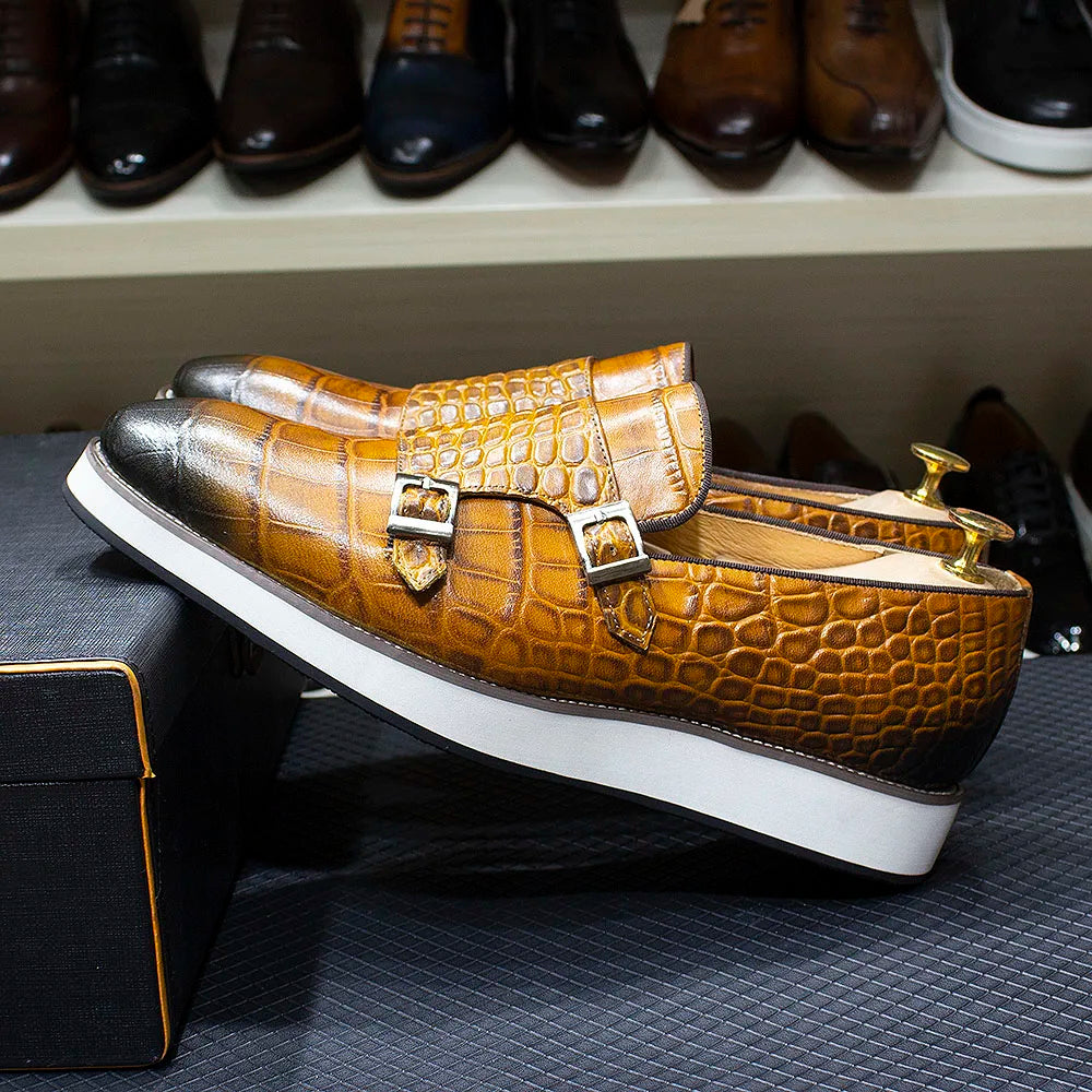 Crocodile Pattern Leather Double Monk Shoes