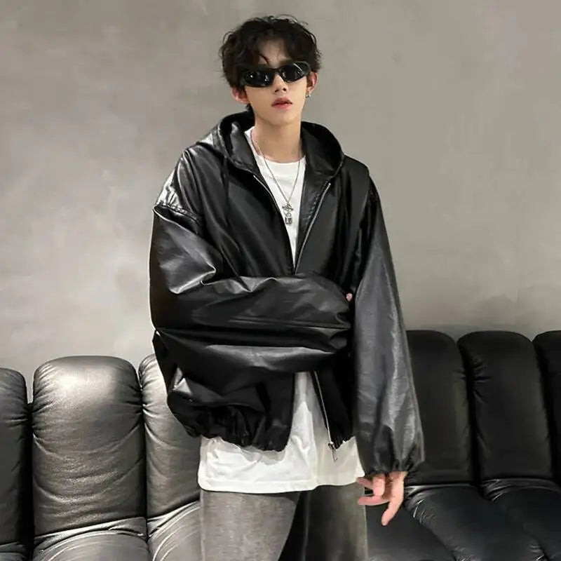 PU Leather Hooded Drawstring Jacket