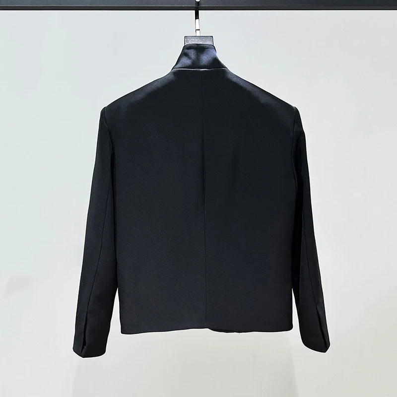 Buttons Stand Collar Padded Shoulder Blazer