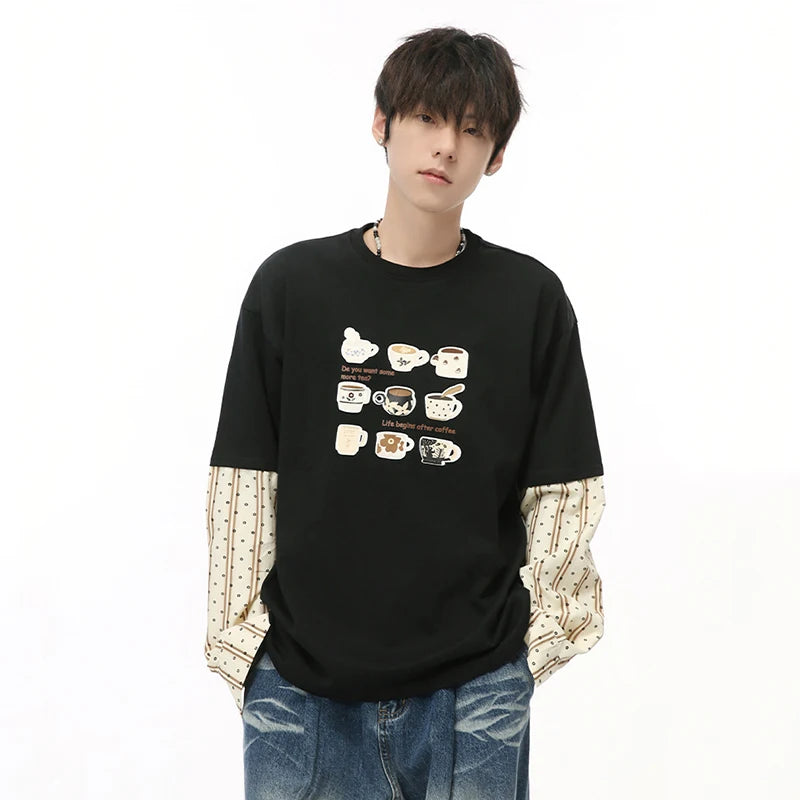 Cartoon Printing Patchwork Long Sleeve T-Shirt