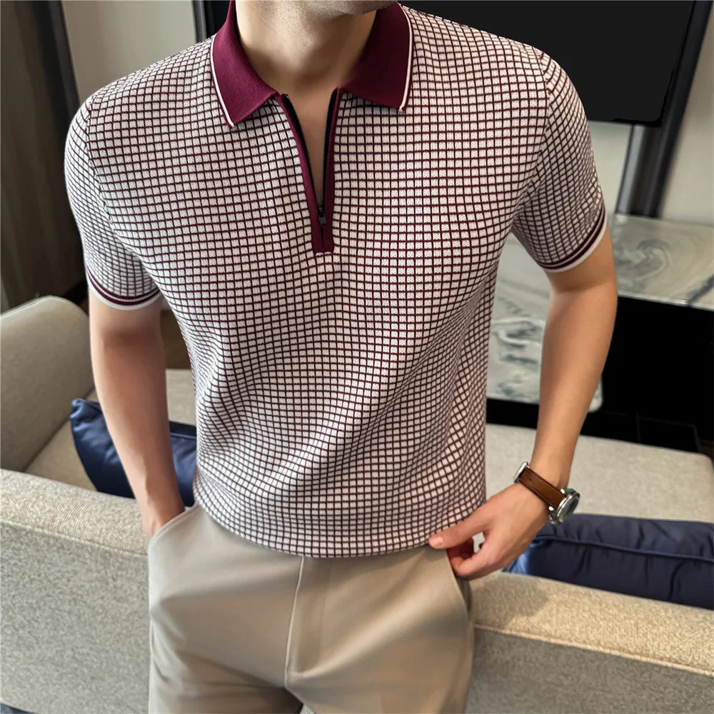 Knitted Checkered Zipper Polo Shirt