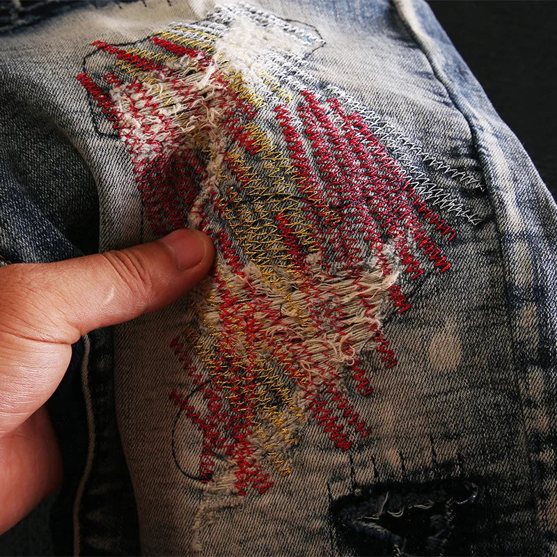 Abstract Ripped Patch Embroidered Jeans