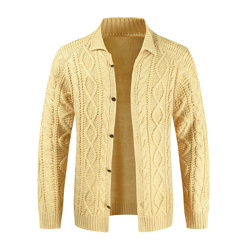 Solid Fitted Cable-knit Stand Collar Cardigan
