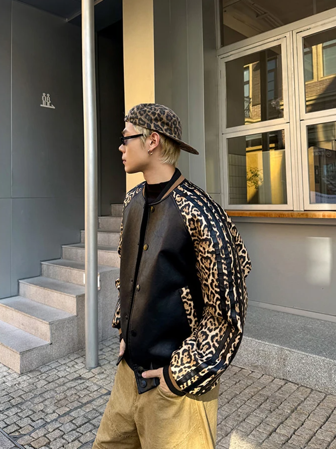 Leopard Patchwork Leather Bomber Jacket