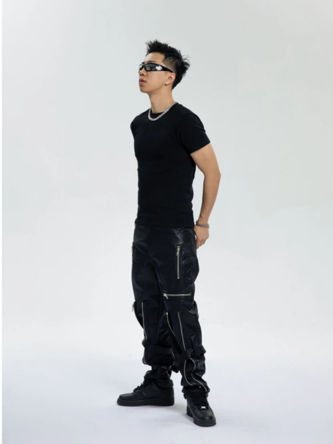 Multi-Zippers Belt Leather Pants